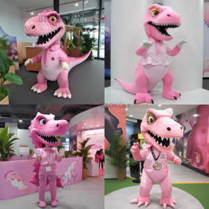 Pink Tyrannosaurus mascot costume character dressed with Poplin Shirt and Hair clips