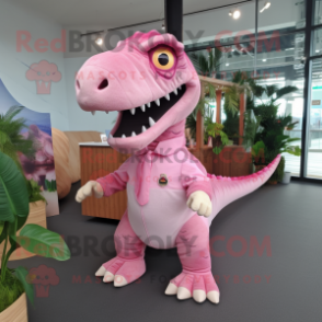 Pink Tyrannosaurus mascot costume character dressed with Poplin Shirt and Hair clips