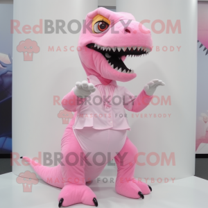 Pink Tyrannosaurus mascot costume character dressed with Poplin Shirt and Hair clips