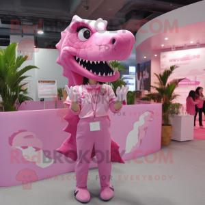 Pink Tyrannosaurus mascot costume character dressed with Poplin Shirt and Hair clips