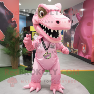 Pink Tyrannosaurus mascot costume character dressed with Poplin Shirt and Hair clips