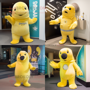 Lemon Yellow Stellar's sea cow mascot costume character dressed with T-Shirt and Gloves