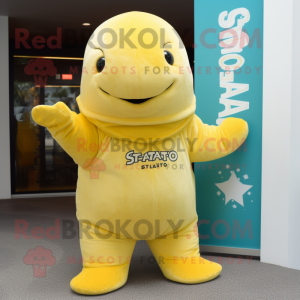 Lemon Yellow Stellar's sea cow mascot costume character dressed with T-Shirt and Gloves