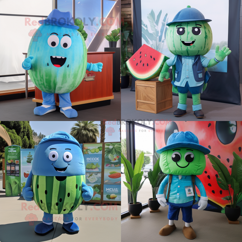 Blue Watermelon mascot costume character dressed with Cargo Shorts and Pocket squares