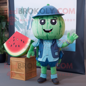 Blue Watermelon mascot costume character dressed with Cargo Shorts and Pocket squares