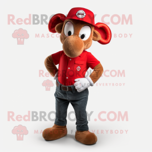 Red Ram mascot costume character dressed with Skinny Jeans and Hats