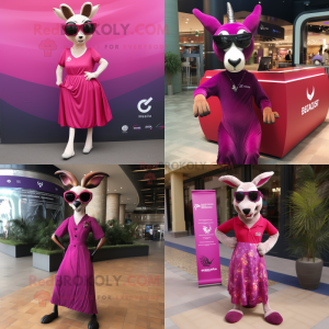 Magenta Gazelle mascot costume character dressed with Empire Waist Dress and Sunglasses