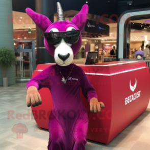 Magenta Gazelle mascot costume character dressed with Empire Waist Dress and Sunglasses