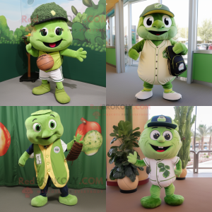 Olive Broccoli mascot costume character dressed with Baseball Tee and Backpacks