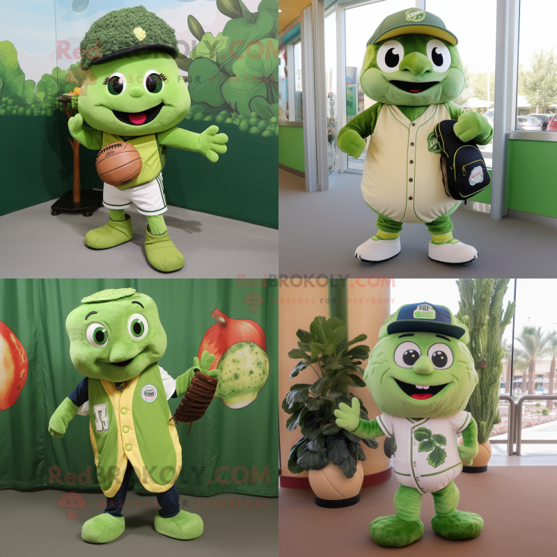 Olive Broccoli mascot costume character dressed with Baseball Tee and Backpacks Olive Broccoli mascot costume character dressed with Baseball Tee and Backpacks