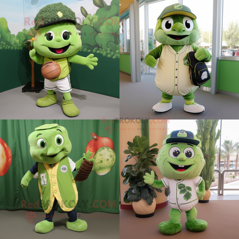 Olive Broccoli mascot costume character dressed with Baseball Tee and Backpacks