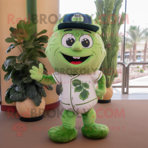 Olive Broccoli mascot costume character dressed with Baseball Tee and Backpacks