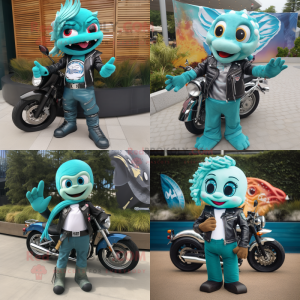 Turquoise mermaid mascot costume character dressed with Biker Jacket and Pocket squares