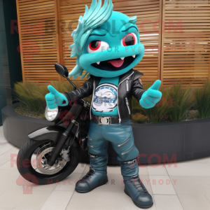 Turquoise mermaid mascot costume character dressed with Biker Jacket and Pocket squares