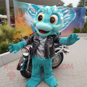 Turquoise mermaid mascot costume character dressed with Biker Jacket and Pocket squares