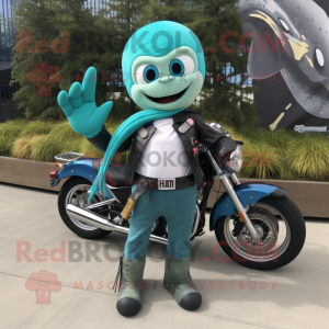 Turquoise mermaid mascot costume character dressed with Biker Jacket and Pocket squares