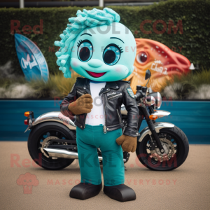 Turquoise mermaid mascot costume character dressed with Biker Jacket and Pocket squares