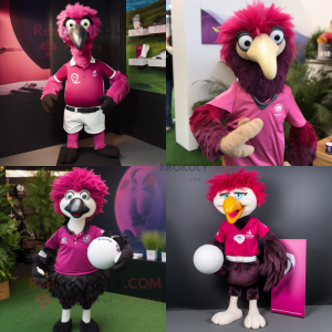 Magenta Ostrich mascot costume character dressed with Rugby Shirt and Lapel pins
