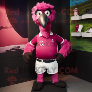 Magenta Ostrich mascot costume character dressed with Rugby Shirt and Lapel pins