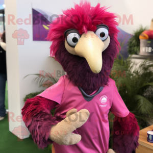 Magenta Ostrich mascot costume character dressed with Rugby Shirt and Lapel pins