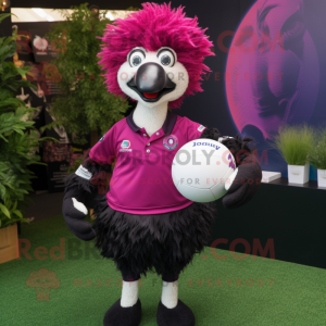 Magenta Ostrich mascot costume character dressed with Rugby Shirt and Lapel pins