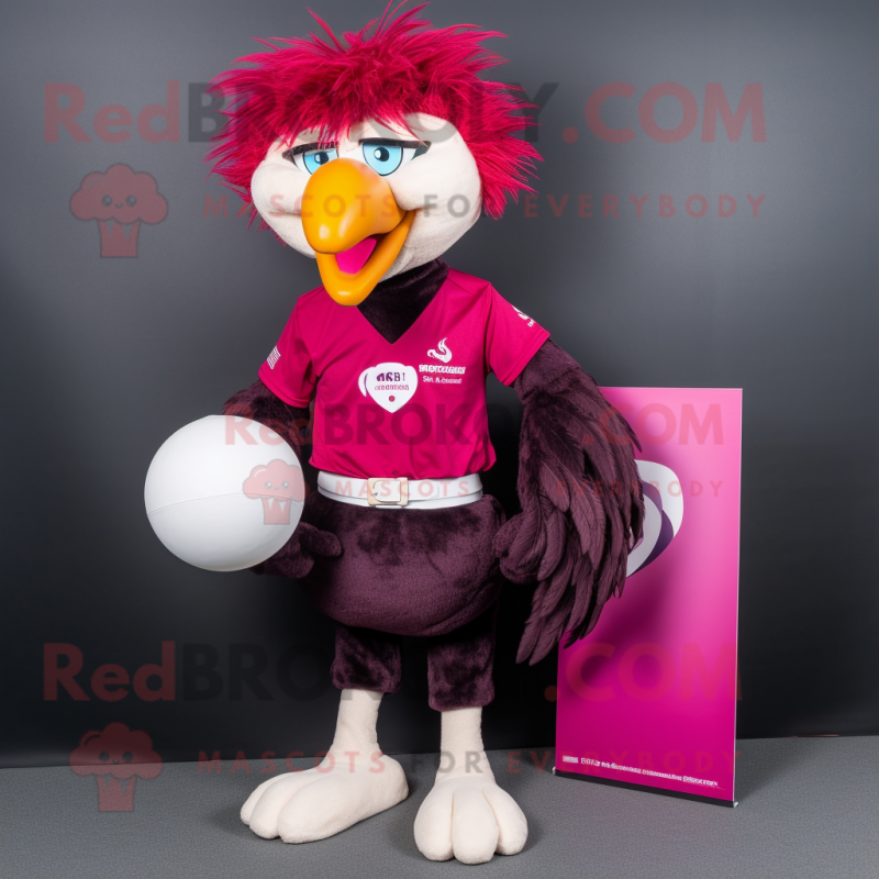 Magenta Ostrich mascot costume character dressed with Rugby Shirt and Lapel pins