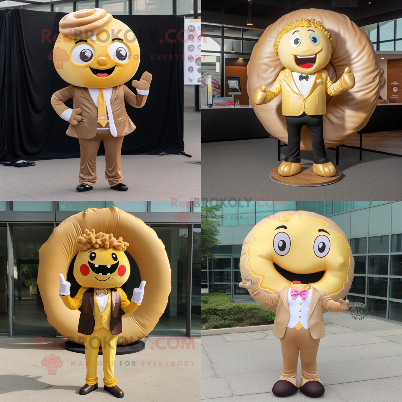 Gold donut mascot costume character dressed with Suit Jacket and Hair clips Gold donut mascot costume character dressed with Suit Jacket and Hair clips