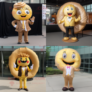 Gold donut mascot costume character dressed with Suit Jacket and Hair clips