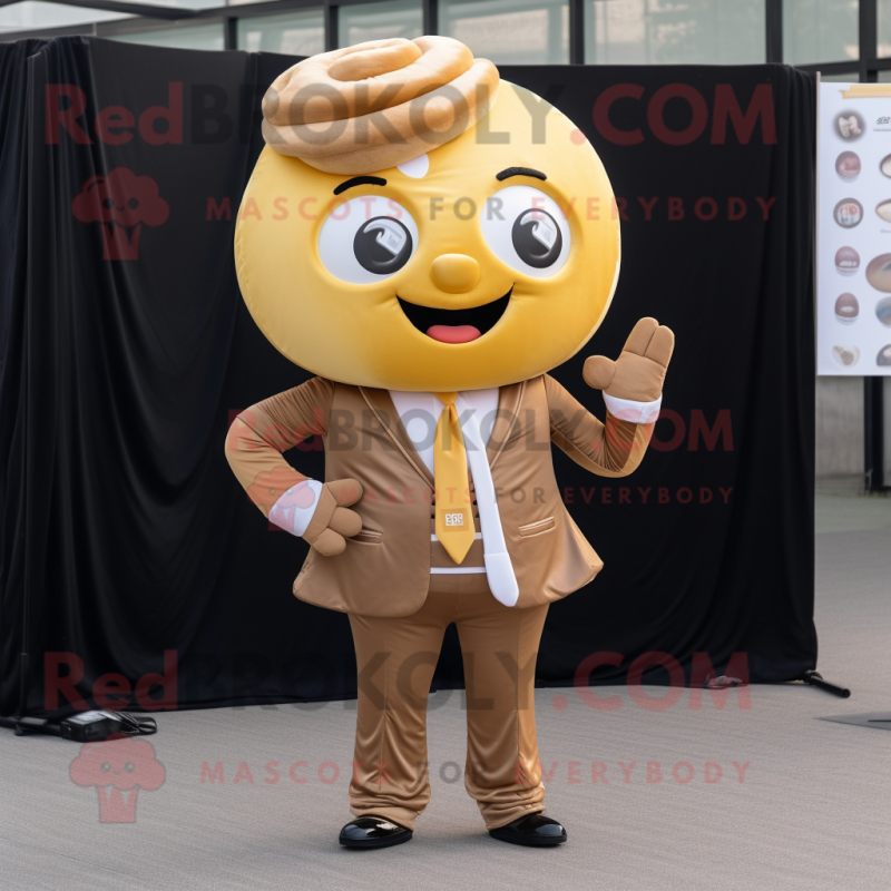 Gold donut mascot costume character dressed with Suit Jacket and Hair clips