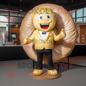 Gold donut mascot costume character dressed with Suit Jacket and Hair clips