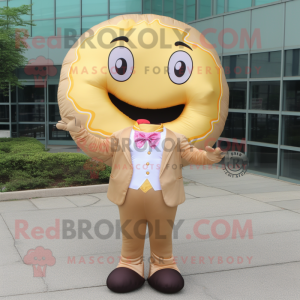 Gold donut mascot costume character dressed with Suit Jacket and Hair clips
