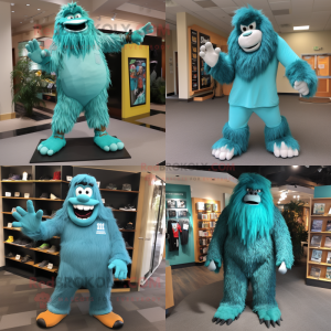 Teal Sasquatch mascot costume character dressed with Capri Pants and Shoe clips