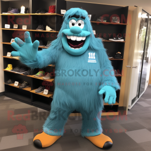 Teal Sasquatch mascot costume character dressed with Capri Pants and Shoe clips