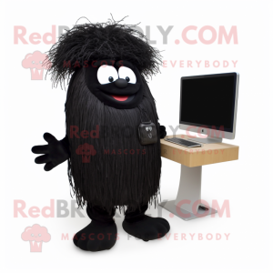 Black computer mascot costume character dressed with Corduroy Pants and Shawl pins