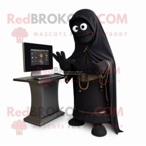 Black computer mascot costume character dressed with Corduroy Pants and Shawl pins