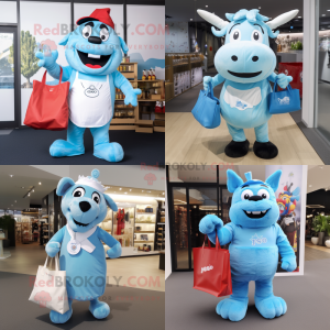 Sky Blue Steak mascot costume character dressed with Playsuit and Tote bags