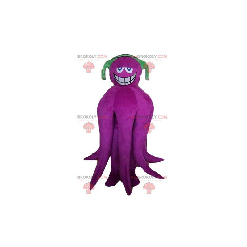 Mascote gigante de polvo roxo com fones de ouvido -