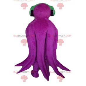 Mascote gigante de polvo roxo com fones de ouvido -