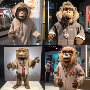 Tan Baboon mascot costume character dressed with Sweatshirt and Necklaces