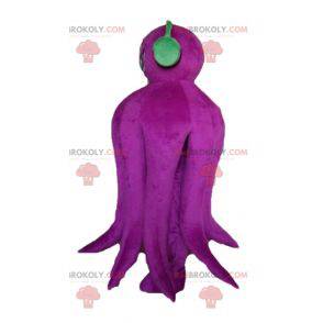 Mascote gigante de polvo roxo com fones de ouvido -