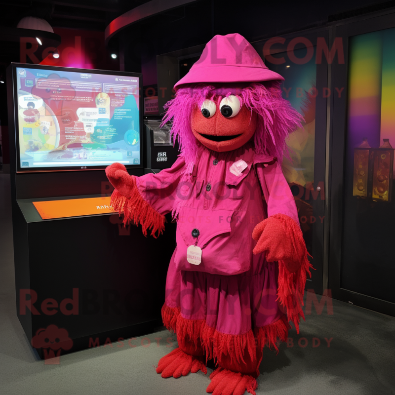 Magenta Scarecrow mascot costume character dressed with Cover-up and Coin purses