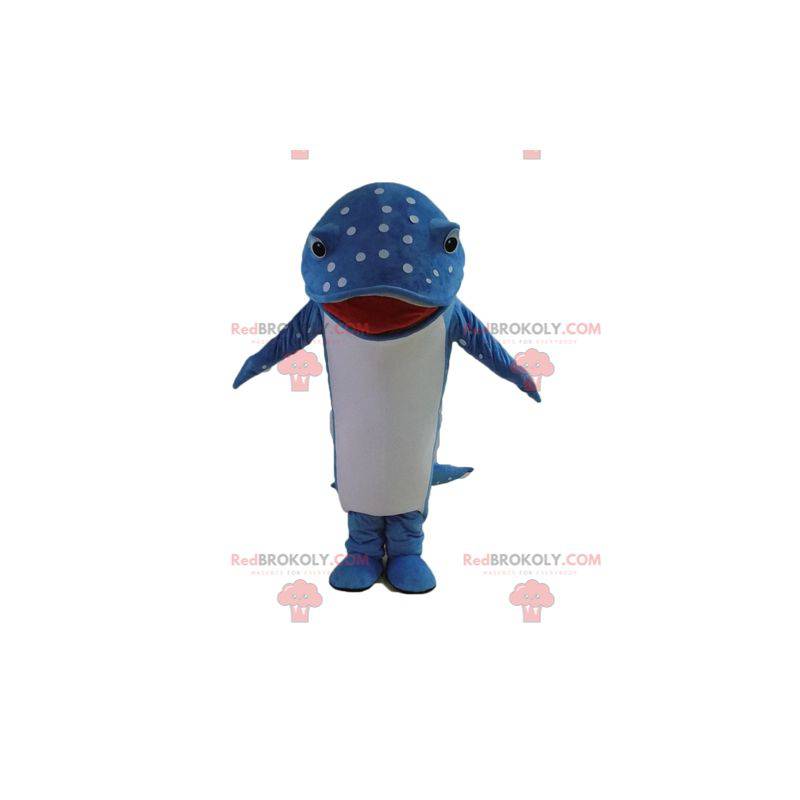 Blå och vit delfinfiskmaskot med prickar - Redbrokoly.com