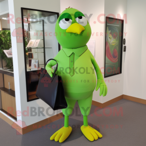 Lime Green Blackbird mascot costume character dressed with Capri Pants and Tote bags