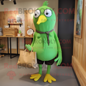 Lime Green Blackbird mascot costume character dressed with Capri Pants and Tote bags