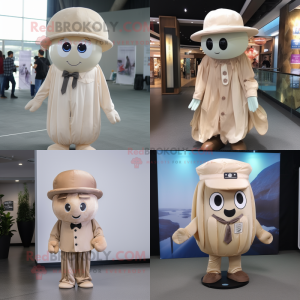 Beige Jellyfish mascot costume character dressed with Button-Up Shirt and Hat pins