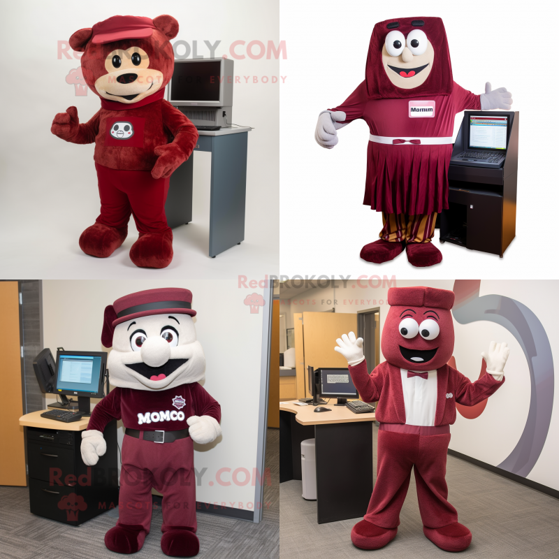 Maroon computer mascot costume character dressed with Corduroy Pants and Ties Maroon computer mascot costume character dressed with Corduroy Pants and Ties
