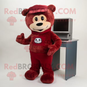 Maroon computer mascot costume character dressed with Corduroy Pants and Ties