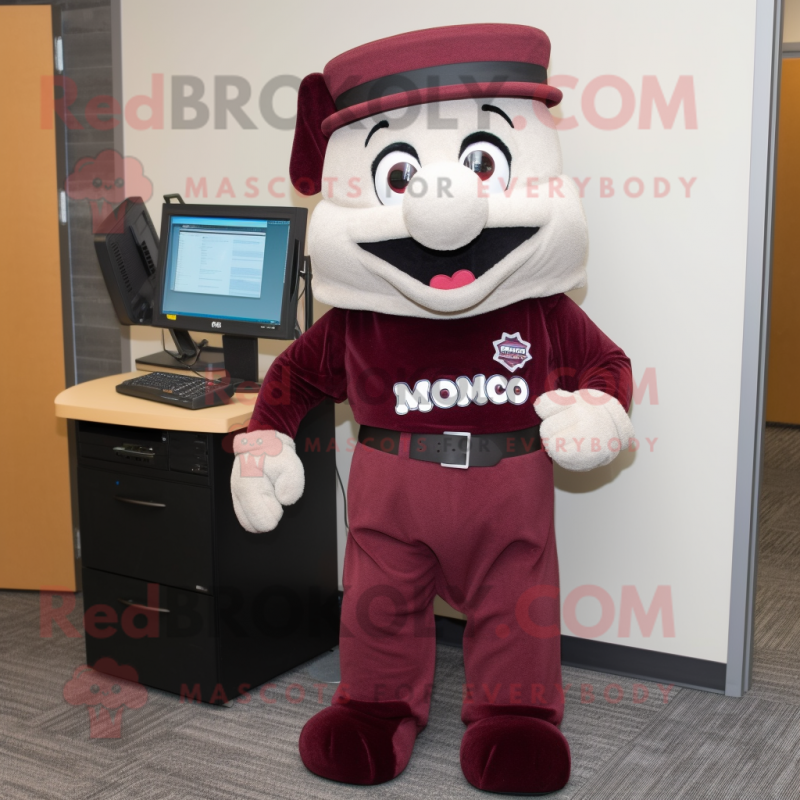 Maroon computer mascot costume character dressed with Corduroy Pants and Ties Maroon computer mascot costume character dressed with Corduroy Pants and Ties
