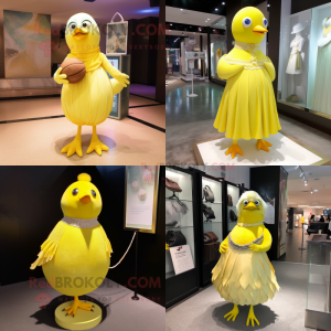 Lemon Yellow Pigeon mascot costume character dressed with Ball Gown and Tie pins