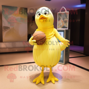 Lemon Yellow Pigeon mascot costume character dressed with Ball Gown and Tie pins